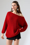 Women's Red Oversized Casual Comfortable Fit Boat Neck Knitwear Sweater - 2