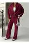 Zipper Collar Burgundy Pocketless Crop Women's Top and Bottom Set - 2