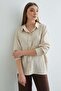 Striped Crepe Fabric Single Pocket Long Loose Shirt on the Back - 7
