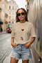 Women's Heart&Bird Printed Oversized T-Shirt Loose Fit