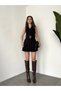 Women's Black Sparkling Stone Buttoned Sleeveless Vest Belted Pleated Mini Skirt Set - 3