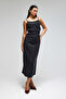 Women's Black Color S6-1 Maxi Length Strap Dress Slit Special Fabric Dress - 6