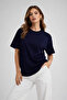 Women's Navy Blue Crew Neck Oversized Cotton T-Shirt - 2