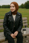 New Season Oversized Women's Black Biker Leather Jacket – Black & White Style, Zippered Trend Model