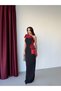 Burgundy Striped One-Shoulder Evening Dress with Rose Detail - 2