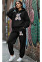 Unisex Printed Oversized Hooded Gray/Black Tracksuit Set Loose Fit