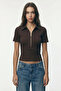 Women's Shoulder Pad Detailed Zippered Cotton Blouse – Brown - 3