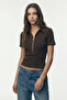 Women's Shoulder Pad Detailed Zippered Cotton Blouse – Brown - 5