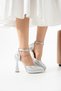 Serenya Women's Silver Pointed Toe 11 cm Platform Heeled Stone Ankle Strap Evening Dress Shoes - 3