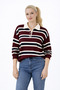 Burgundy Striped Pola Collar Buttoned Women's Knitwear Sweater - 7
