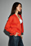 Vyselle Women's Cut-Out Front Metal Zipper Hooded Label Detailed Oversized Red Sweatshirt - 5