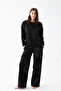 Women's Oversized Black Floral Pattern Cotton Thick Pajamas Set - 2