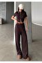 Women's Brown Double Zip Detail Modal Textured Top and Bottom Set - 4