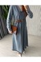 Women's V-Neck Pleated Detailed Oversize Denim Hijab Dress - 4