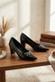 Stylish Design Black Thick Heeled Women's Shoes with Double Buckle