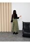 Women's Green Plaid Patterned High Waist Elastic Chiffon Long Skirt with Asymmetrical Hem - 7