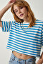 Oversize Striped Cotton Knitted T-Shirt Lze0001 Blue White - 3