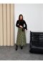 Women's Green Plaid Patterned High Waist Elastic Chiffon Long Skirt with Asymmetrical Hem - 5