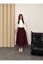 Women's Burgundy Plaid Patterned High Waist Elastic Chiffon Long Skirt with Asymmetrical Hem - 3