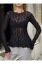 Women's Black Crew Neck Long Sleeve Waist Fitted Transparent Scallop Lace Pinterest Stylish Blouse