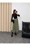 Women's Green Plaid Patterned High Waist Elastic Chiffon Long Skirt with Asymmetrical Hem - 6