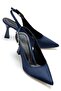Women's Navy Blue Satin Open-Back Pointed Thin Heeled Shoes - 2