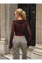 Women's Brown V-Neck Front Lace-Up Ruffled Transparent Lace Stylish Crop Blouse Cardigan - 7