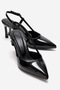 Women's Pointed Toe Open Back Short Black Patent Leather Heeled Shoes Cone
