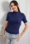 Women's Stand Collar Lycra Blouse with Gathered Elbow Sleeves and Side Ruffles