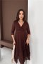 Women's Brown Double-Breasted Collared Midi Length Stretch Fabric Lace Dress
