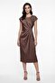 Women's Brown Crew Neck Satin Event Dress with Accessory Detail - 2