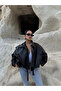 Black Belted Bat Sleeve Leather Coat - 5