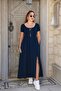 Women's Short Sleeve Round Neck Front Slit Pocket Viscose Long Dress - 2
