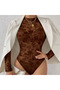 Brown Tulle Flocked Velvet Textured Floral Printed Snap Fastener Bodysuit - 3