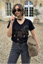 Black V-Neck 100% Cotton T-Shirt with Tassels, Embroidery and Beading - 2