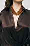 Brown Satin Double-Breasted Long Sleeve Shirt with Tie Detail - 2