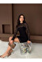 Women's Black Half Turtleneck Long Sleeve Lined Transparent Lace Mini Dress - 2
