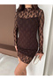 Women's Brown Half Turtleneck Long Sleeve Lined Transparent Lace Mini Dress