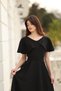 Black Women's Elegant V-Neck Dress with Cape and Shoulder Detail for Special Events - 6