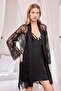 Women'S, Black, Low-Cut, Slit, Embroidered Lace Dressing Gown Set