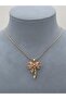Gold Color Sword Motif Pink Stone Stainless Steel Necklace - 3