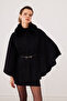 Women's Belted Cashmere Poncho with Black Fur Collar - Sevde Ugur - 5