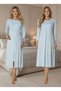 Women's Blue Elegant Lace Embroidered Long Sleeve Maternity Nightgown Set with Nursing Features - 3