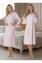 Women's Pink Elegant Lace Embroidered Long Sleeve Maternity Nightgown Set with Nursing Features - 6