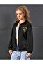 Black Hooded Zippered Cardigan with Embossed Print