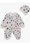 Patterned cotton romper with baby hat and booties
