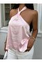 Women's Pink Satin Halter Neck Blouse - 4