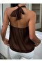 Women's Brown Satin Halter Neck Blouse - 2