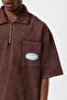 Oversize Polo Collar Zippered T-Shirt Brown - 4