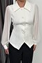 Belden Pleated Detailed Chiffon Sleeve Black Blouse Ecru - 4